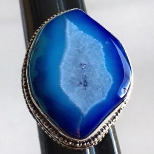 New Blue Solar Quartz Stone Silver Overlay Ring Size 7